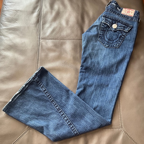 Vintage Authentic 29 Joey Big 7 True Religion Y2K Twisted Bell Flare Jeans USA - Picture 1 of 16